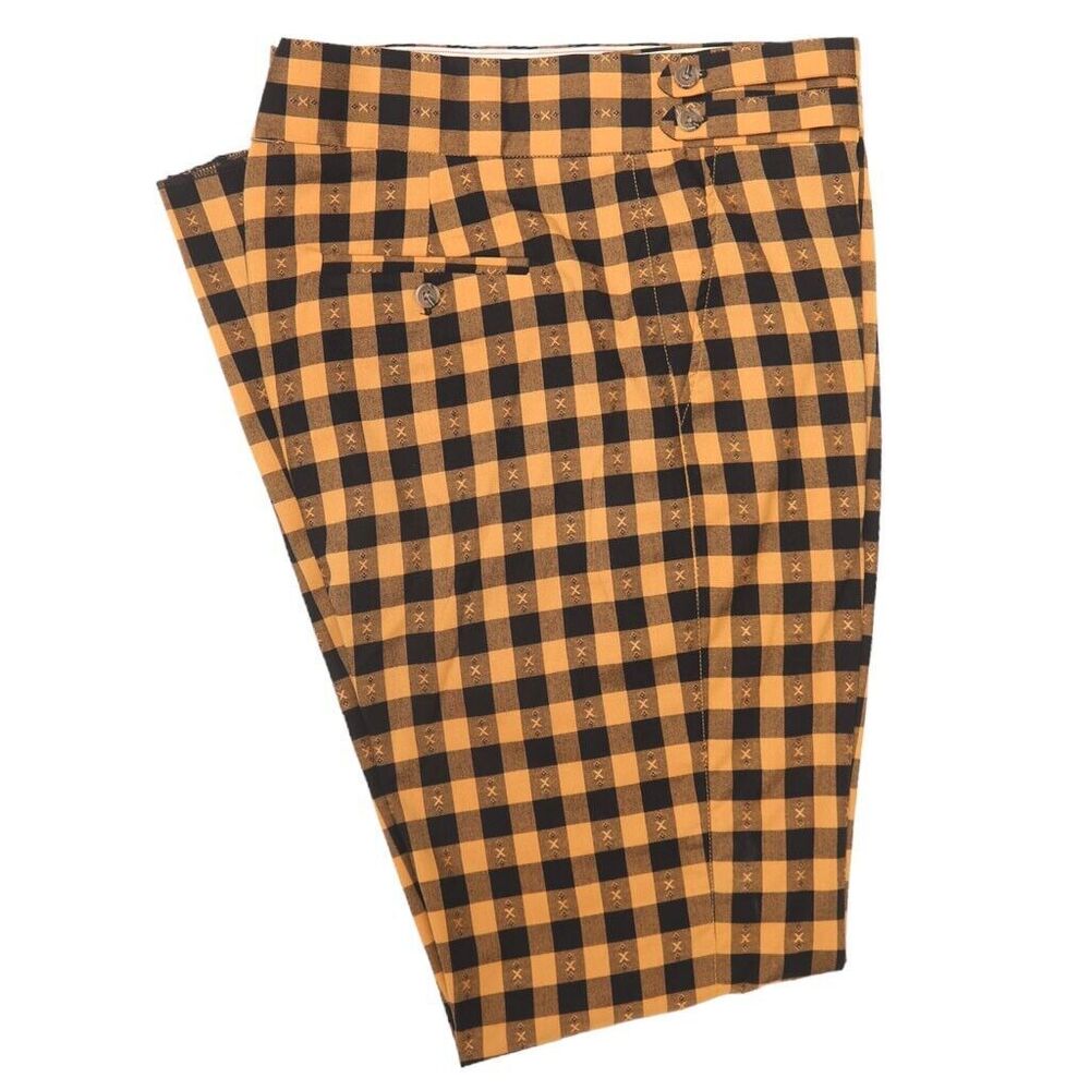 Mens Gurkha Pants Orange Black Plaid Slim High Waist Flat Front Trousers 34